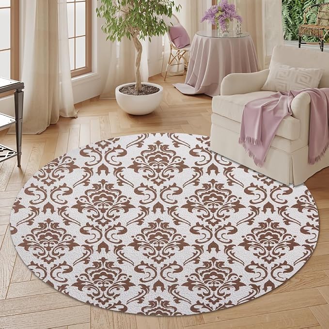 Oriental Tribal Floral Round Rug Vintage Brown Pattern Area Rug Washable Soft - Image 5