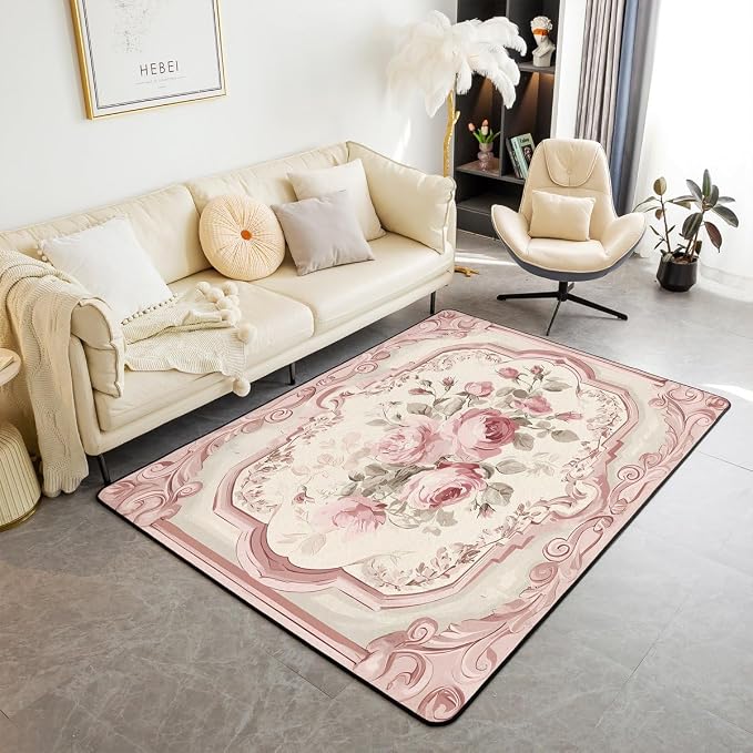French Country Floral 3x5 Area Rug Pink Rose Rugs - Image 6