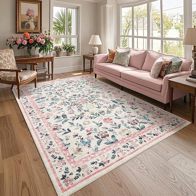 8x10 Washable Floral Distressed Rug, Vintage Farmhouse Area Rug by GarveeHome