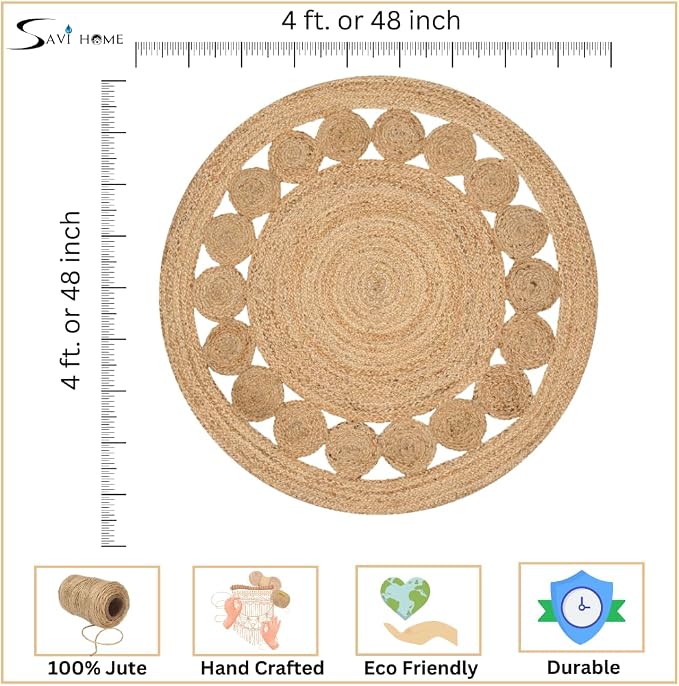 Savi Home Jute Area Rug Handwoven- 4 feet Round- Natural Beige - Image 3