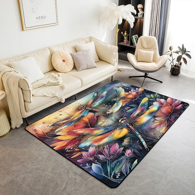 Dragonfly 5x7 Area Rug Colorful Flowers Living Room Rug | Watercolor Beetles - Image 6
