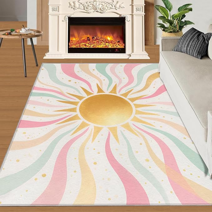 Boho Sun Area Rugs 3x4ft, Minimalist Sunburst Kids Bedroom Rug, Abstraction - Image 2