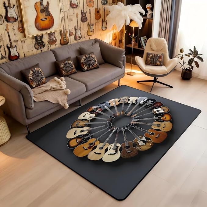 Round Guitar Area Rug 3x5 Musical Instruments Rugs by Erosebridal