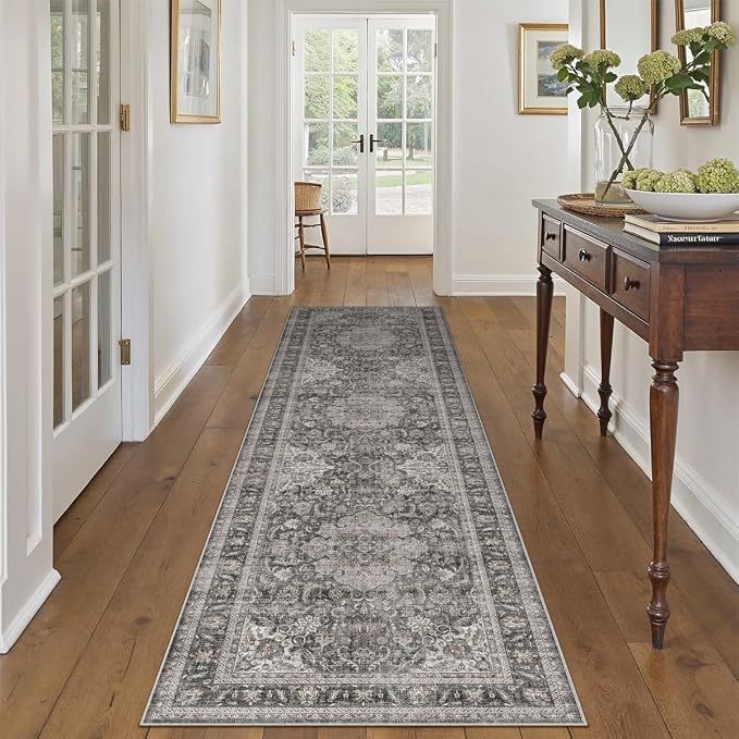 2x6 Washable Vintage Runner Rug Black Grey Hallway Kitchen Carpet Non-Slip Soft - Image 4