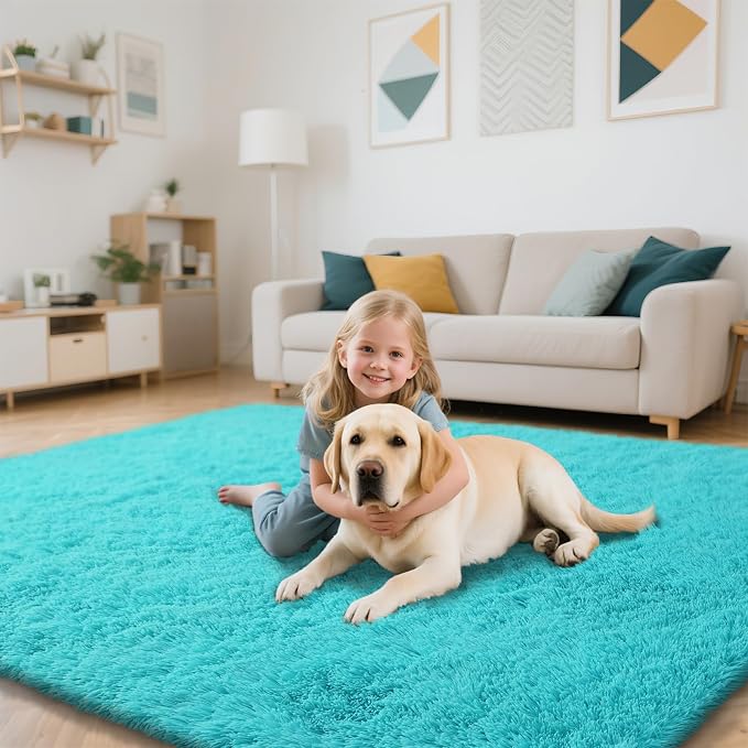 Teal Blue Rug Fluffy Rug, 10x14 Teal Area Rugs - Image 5