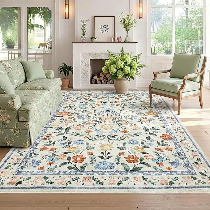 8x10 Washable Floral Distressed Rug, Vintage Farmhouse Area Rug by GarveeHome