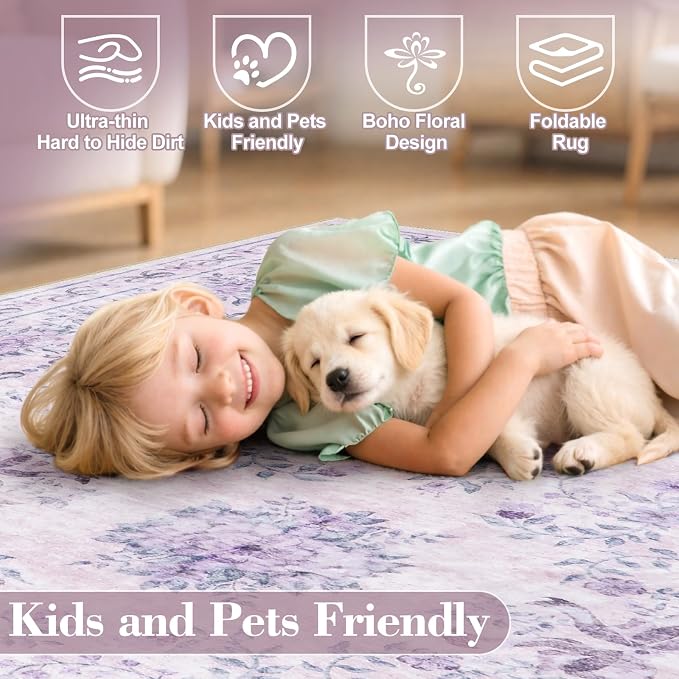 Wonnitar Floral Bow Print Purple Rug, 5x7 Washable Rug - Image 4
