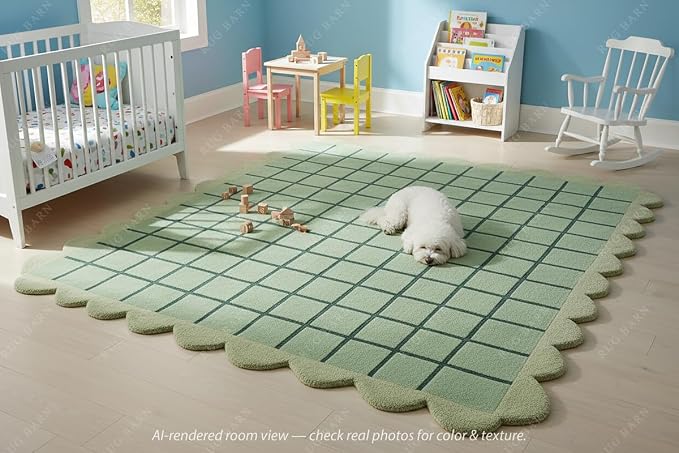 Mint Green Scalloped Edge Wool Area Rug - Image 2