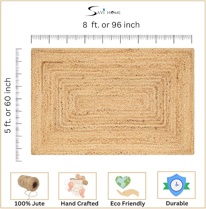 Hand Woven Farmhouse Jute Area Rug 5x8 Ft Rectuangler Natural Yarn, Rustic - Image 2