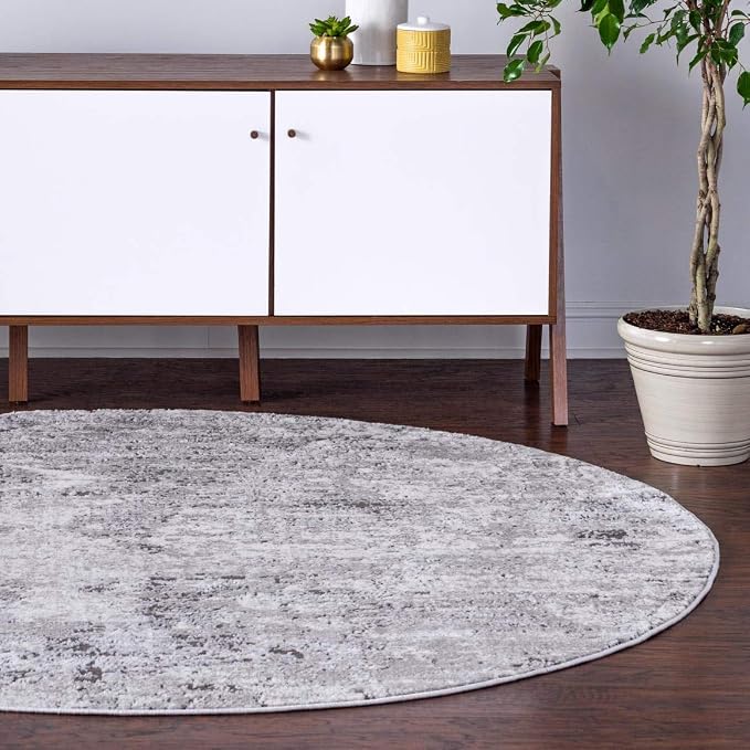 Rugs.com Leipzig Collection Round Rug – 7 Ft Round Grey Low-Pile Rug Perfect by Rugscom