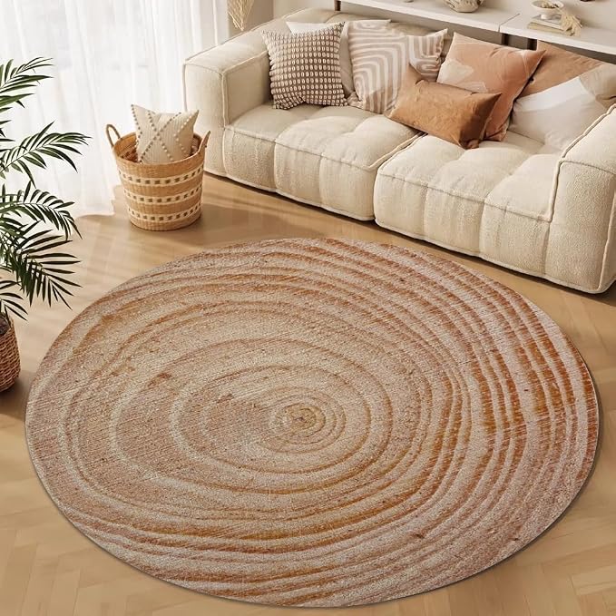 Tree Stump Growth Rings Washable Round Rugs Wood Color Texture Circle Rugs - Image 3