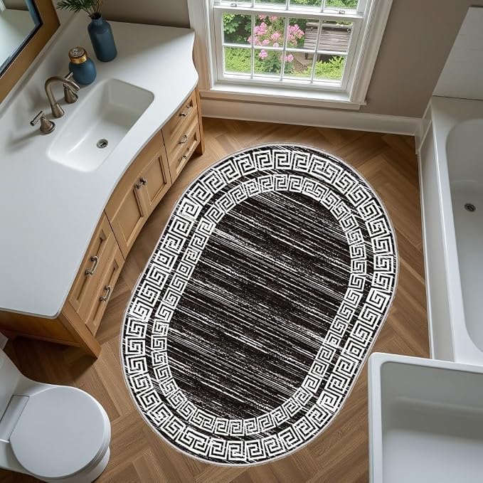 Minimalist Distressed Black Off White Greek Key Pattern Bordered Rug 8x10 - Image 3