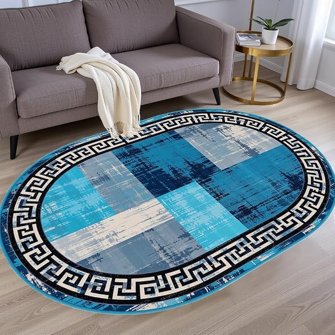 Blue Grey Black Greek Key Pattern Bordered Design Large Carpet by Unknown