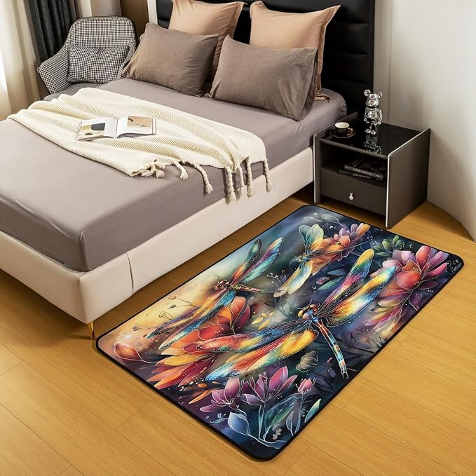 Dragonfly 5x7 Area Rug Colorful Flowers Living Room Rug | Watercolor Beetles - Image 5