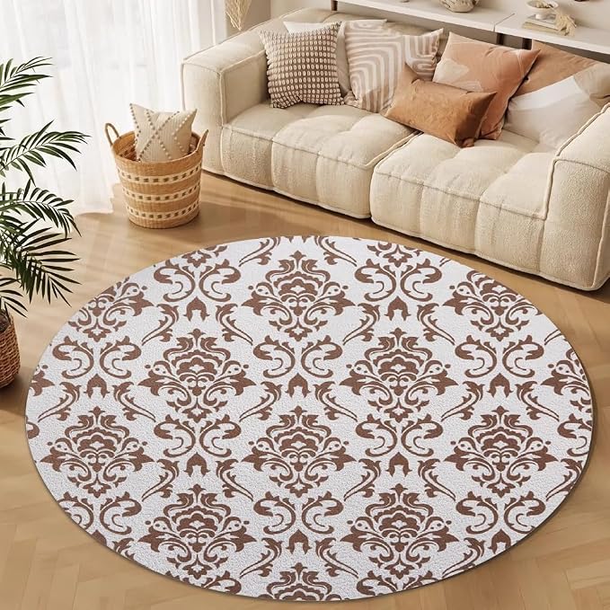 Oriental Tribal Floral Round Rug Vintage Brown Pattern Area Rug Washable Soft - Image 3