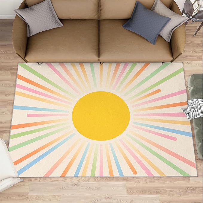 Boho Sun Area Rugs 8x10ft, Minimalist Sunburst Area Rug by Unknown