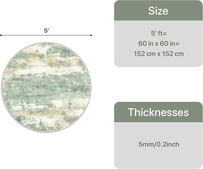 GENIMO Round Area Rugs 5FT for Living Room, Washable Circle Rug Low Pile - Image 8