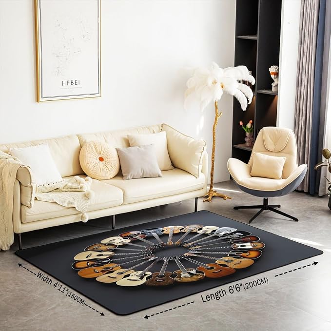 Round Guitar Large Area Rug 5x7 Musical Instruments Living Room Rug | Music - Image 2