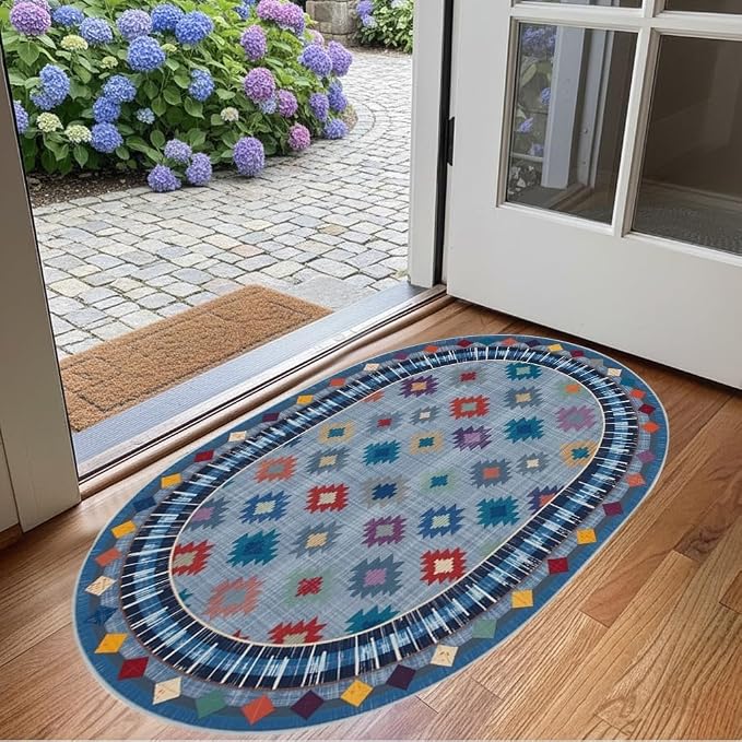Funky Vintage Blue Red Orange Geometric Texture Indoor Area Rug - Image 3