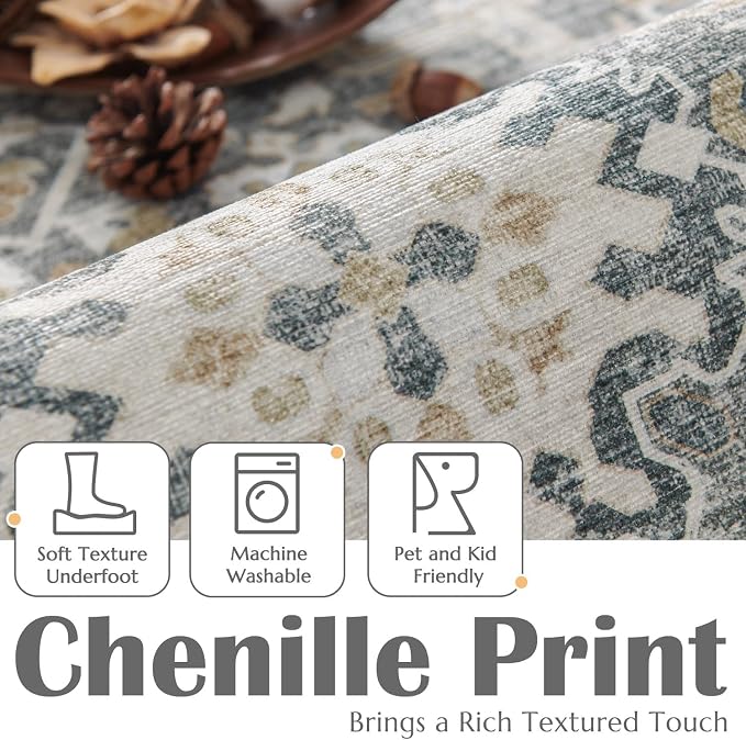 jinchan Area Rug 3x5 Washable Entryway Rug Distressed Gray Multi Vintage Floral - Image 3