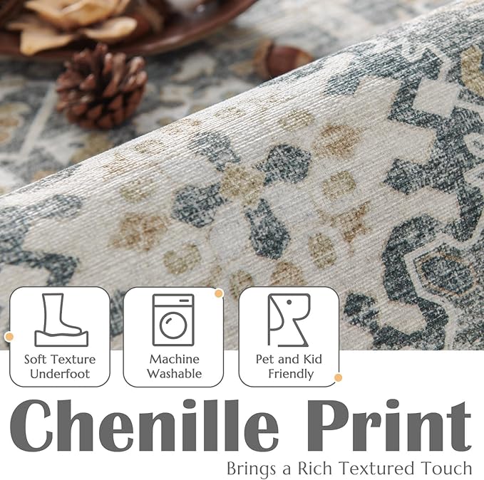 jinchan Area Rug 4x6 Washable Bedroom Rug Vintage Distressed Gray Multi Floral - Image 3
