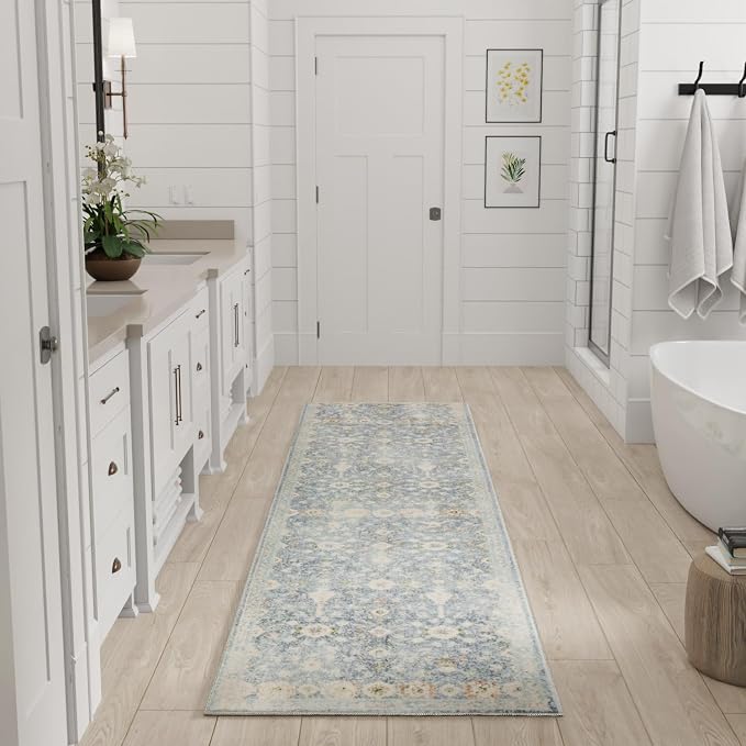 Nourison Home Astra Machine Washable Teal Beige 2' x 6' Area Rug Easy Clean by NourisonHome