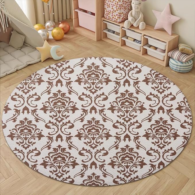 Oriental Tribal Floral Round Rug Vintage Brown Pattern Area Rug Washable Soft - Image 4