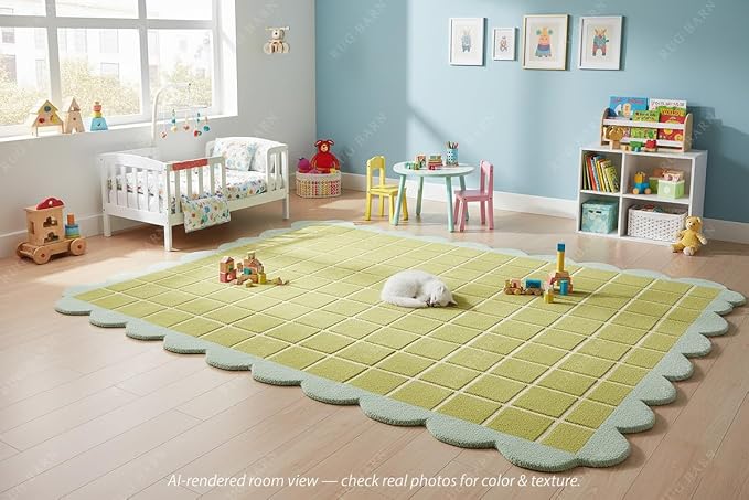 Checkered Wool Area Rug with Scalloped Border, Chartreuse Green & Cream Grid - Image 4