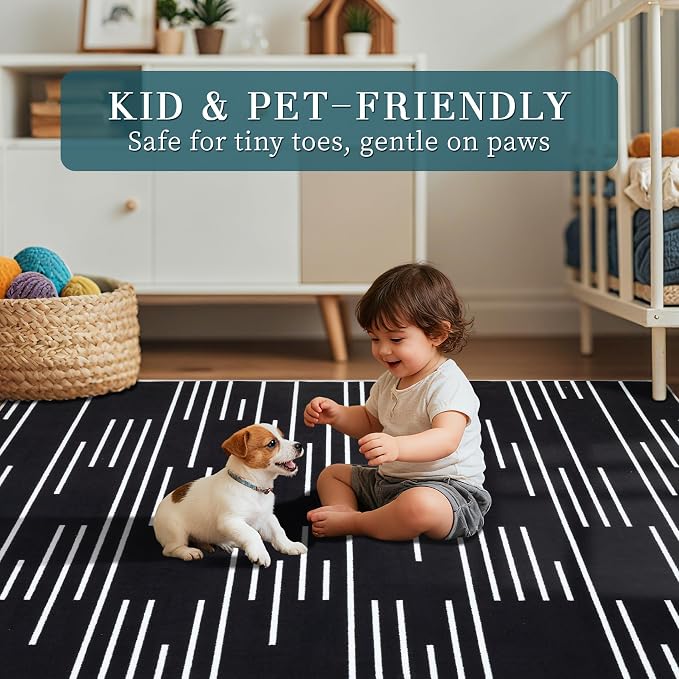 YIHOUSE Abstract Washable Rug 8x10, Ultra Thin Non Slip Black Rugs - Image 2