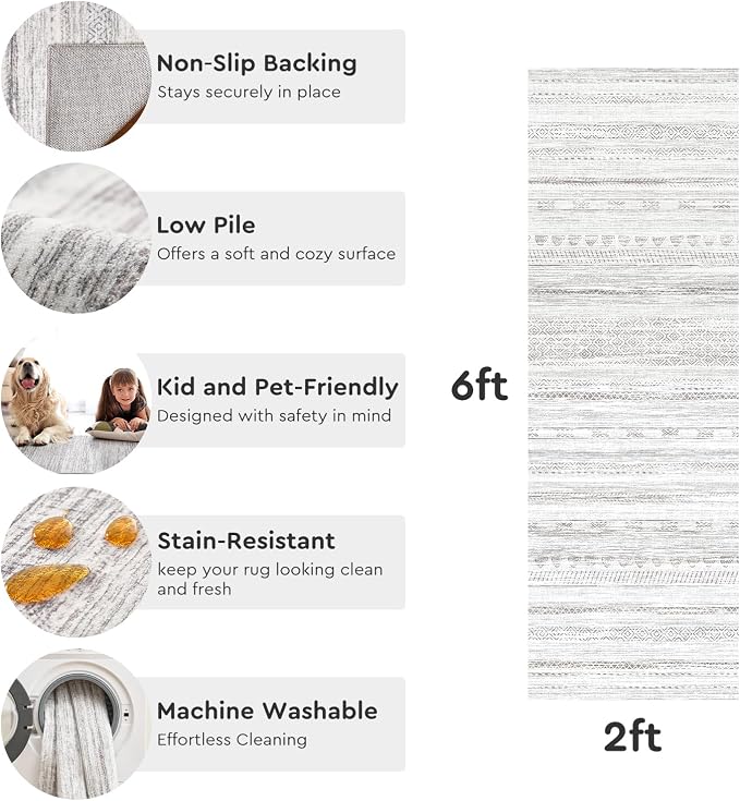 2x10 Runner Rug Machine Washable Non Slip Area Rug Distressed Neutral Moroccan - Image 5