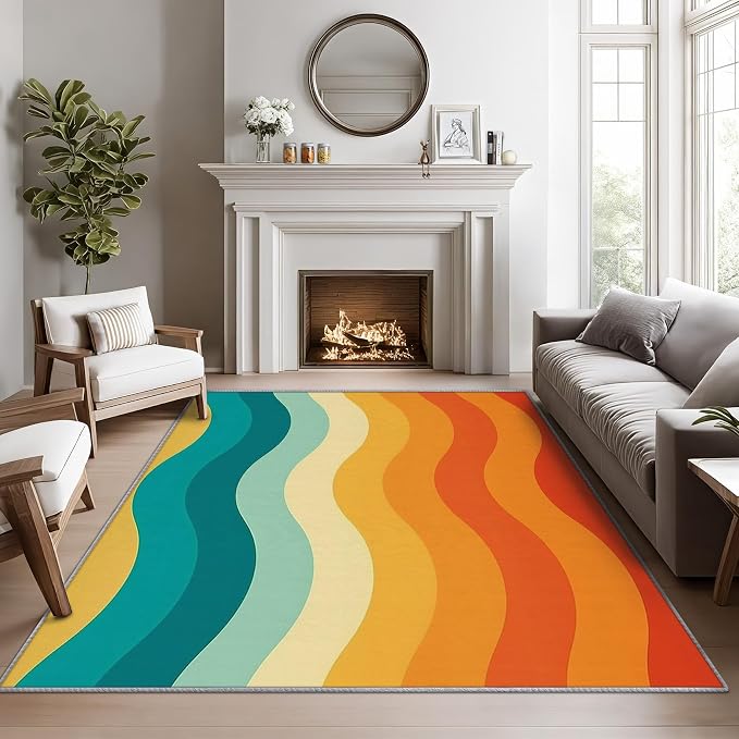 70s Rugs for Bedroom -Retro 70s Rug, 6x8 ft, Vintage Abstract Wave Washable by Phtbz