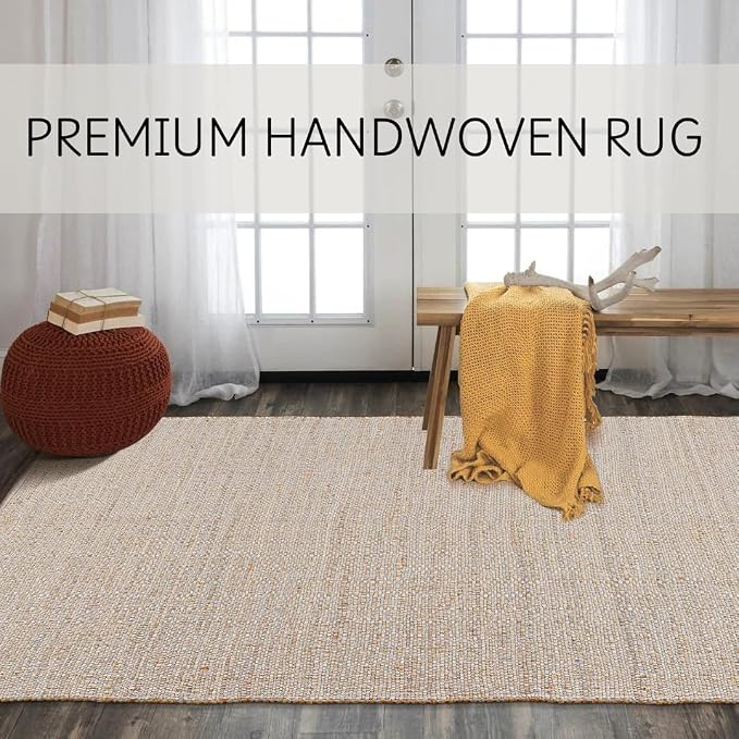 Hand Woven Jute Cotton Area Rug 5'x8' ft Rectangle Natural Farmhouse Rug - Image 5