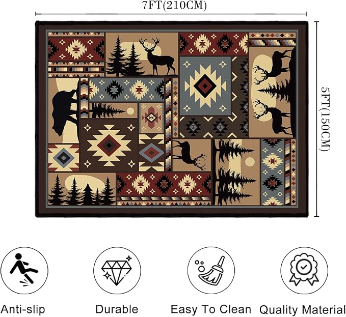 Rustic Cabin Wildlife Area Rug 5x7 Living Room Rug, Buffalo Plaid Bear Moose - Image 2