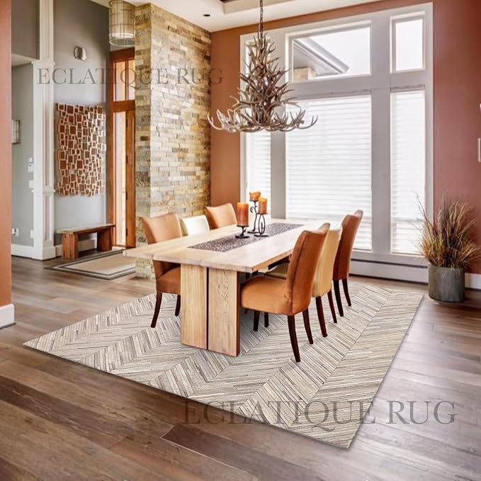 Premium Rectangular Rug Cowhide Leather Stylish Non Slip Chevron Patchwork Area - Image 4