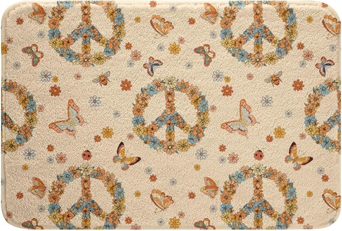 Erosebridal Groovy 70s Theme Bathroom Rugs Retro Peace Sign Mats Boho Butterfly by Erosebridal