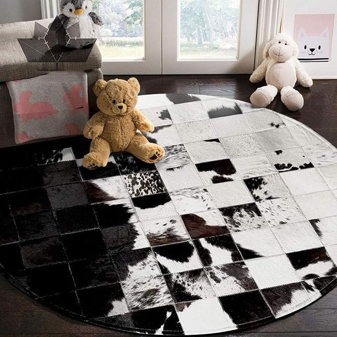 Cowhide Round Leather Rug 7x7 ft – Genuine Hair-On Hide Patchwork Area Rug - Image 4