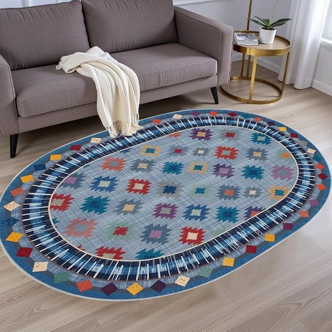 Funky Vintage Blue Red Orange Geometric Texture Indoor Area Rug by Unknown