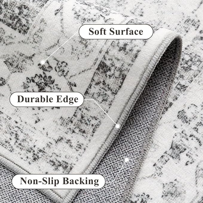 Grey 2x5 Runner Rug Vintage Area Carpet Hallway Indoor Kitchen Washable Low - Image 6