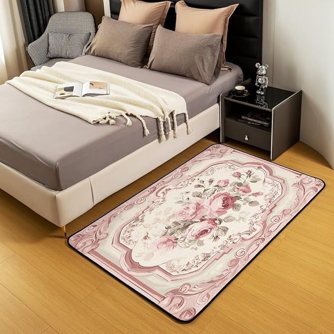 French Country Floral 3x5 Area Rug Pink Rose Rugs - Image 5