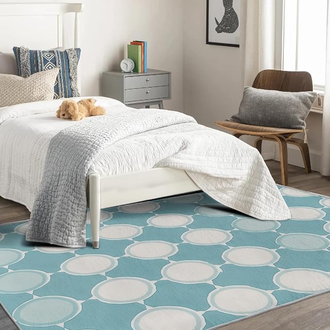 Aqua and White Area Rug, Machine Washable, Non Slip, Fade Resistant, Stain - Image 3