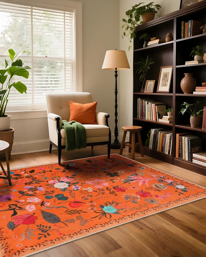 Boho Washable Area Rug 4x6 – Floral Low Pile Non-Slip Carpet by Unknown