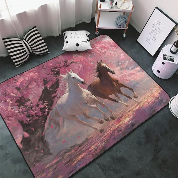 Galloping Horse Cherry Blossom Area Rug Washable Outdoor Rugs Anti-Slip Soft - Image 2