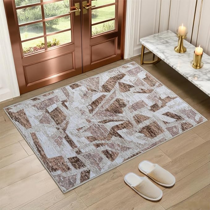 Modern Abstract Door Mat Indoor Entrance 2X3 Brown Rug Washable, Non-Slip Small by IGEMAEVE