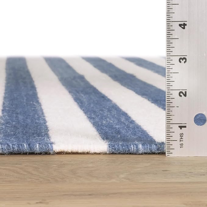 Home Conservatory Ladder Stripe Navy/Ivory Handwoven Wool 5 X 8 Feet - Image 3