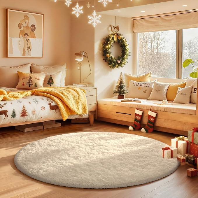 Ophanie Round Rugs 3Ft Ivory Circle Area Rug, Christmas Room Decor, Aesthetic by Ophanie