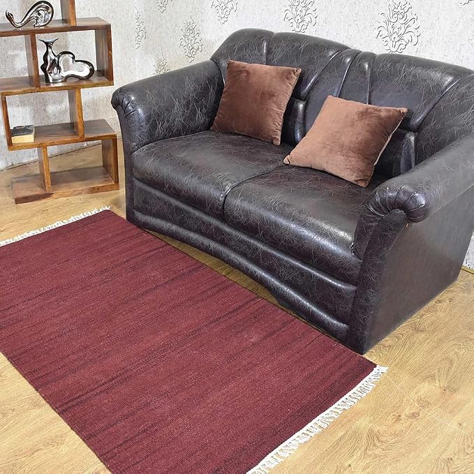 Rugsotic Carpets Hand Woven Flat Weave Kilim Wool 4'x6' Area Rug Solid Dark Red by GetMyRugsLLC
