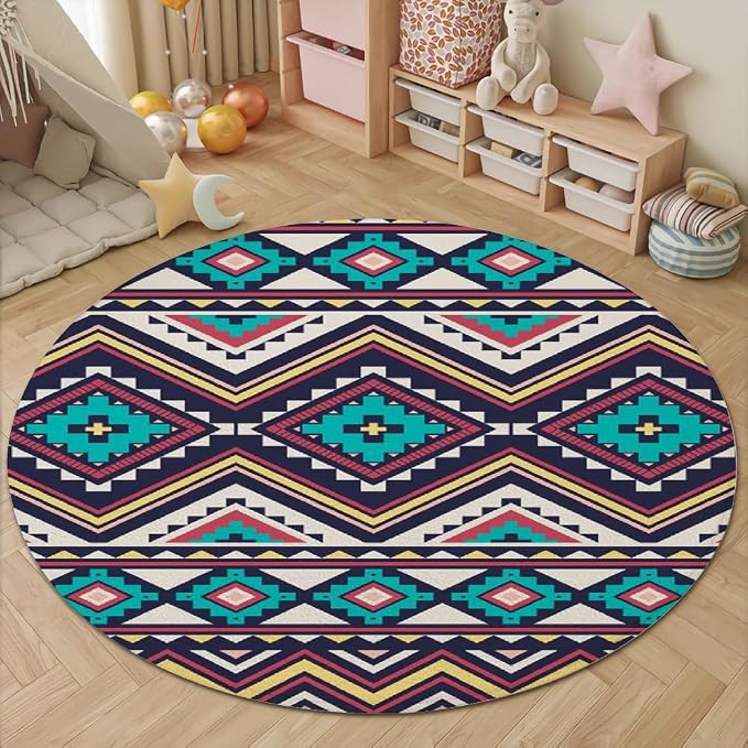 Native Tribal Geometry Round Rug Vintage Blue White Living Room Bedroom Area - Image 4