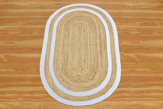 Oval Rug 6x8 Kilim Rug Natural Oval Jute Thick 0.27" Solid Design Beige White - Image 9