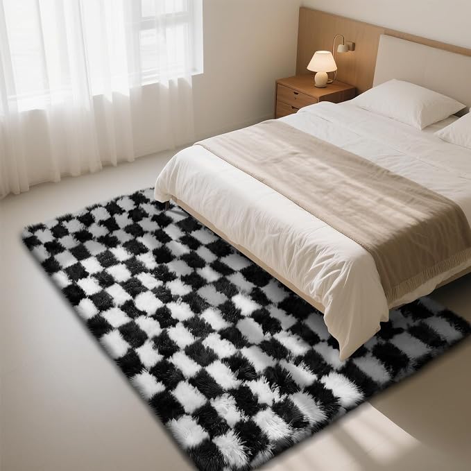 Checkered Rug for Living Room, 9x12 Black and White Area Rugs, Classic - Image 2