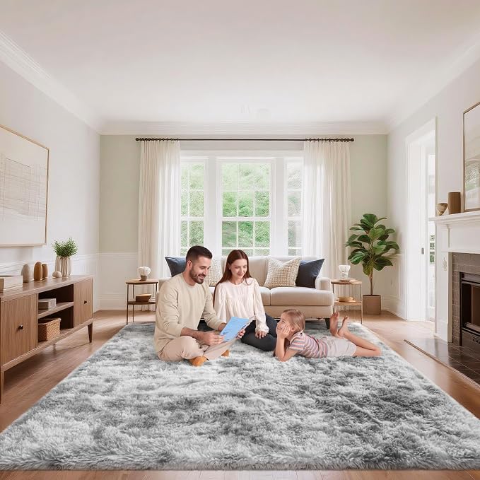 Tie-Dyed Grey Area Rugs 9x12 Living Room Bedroom, Fluffy Large Rug Soft Shag by Unknown
